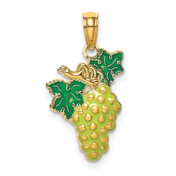 14k Yellow Gold W/ Enamel Grapes W/ Stem and Leaf Necklace Charm Pendant